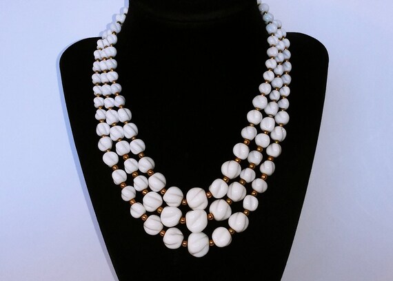 Milk glass necklace, 3 strand necklace, white gla… - image 1