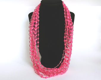 Flapper necklace, 5 strand plastic beads, bright pink necklace, long pink necklace, glowing necklace, 1920s necklace #912