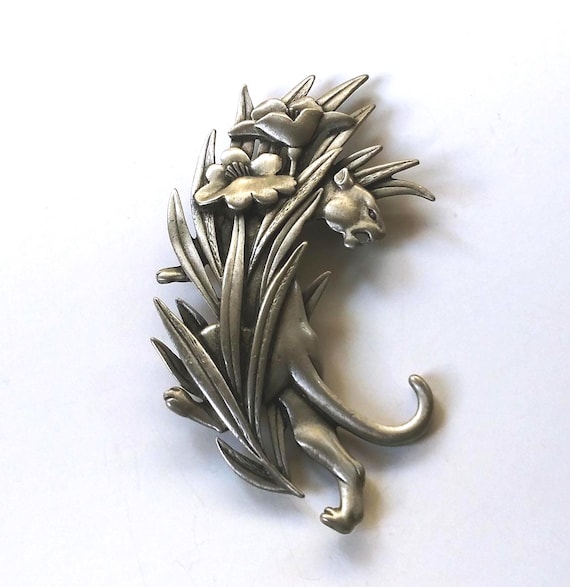 JJ panther brooch, silver cat pin, pewter panther… - image 1
