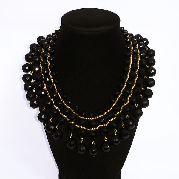 Black bead bib, black bead necklace, wide bib necklace, faceted resin beads, Egyptian revival bib, Egypt necklace, Vintage black bib #840