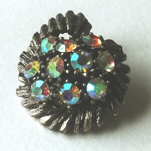 BSK round brooch, BSK rhinestone pin, ab rhinestone pin, aurora borealis, BSK silver tone pin, flower brooch pin #1063