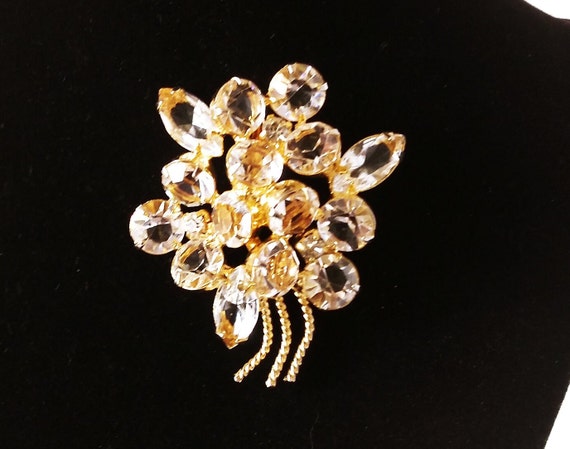 Vintage crystal brooch, gold rhinestone pin, vint… - image 1