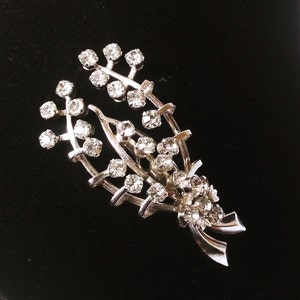 Silver rhinestone pin, rhinestone brooch, floral spray pin, MCM rhinestone pin, rhinestone leaf pin #1070