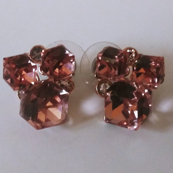 Crystal cube earrings, pink crystal cubes, pink crystal studs, geometric earrings, pink cube earrings #1234