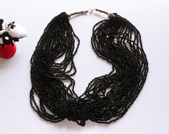 Black torsade, black bead necklace, 26 strand nec… - image 1