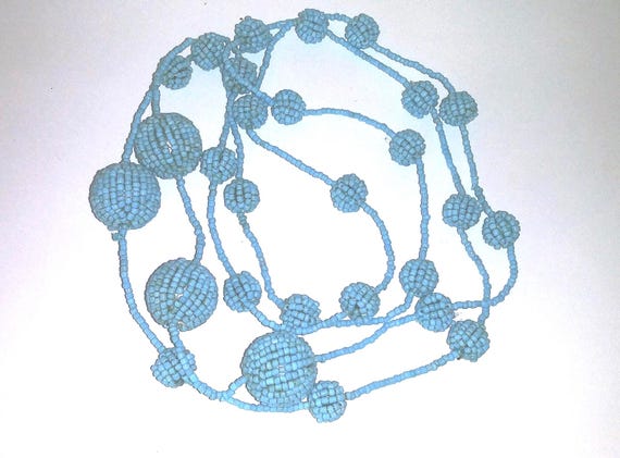 Flapper necklace, seed bead flapper, seed bead necklace, bead balls necklace, blue seed beads, long blue necklace, long bead necklace #600