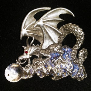 JJ dragon brooch, JJ dragon pin, purple glitter accents, crystal ball brooch, JJ flying dragon #1079