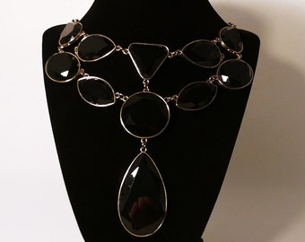 bib necklace online Vintage gold & black faceted stone bib necklace shapes oval circle teardrop triangle