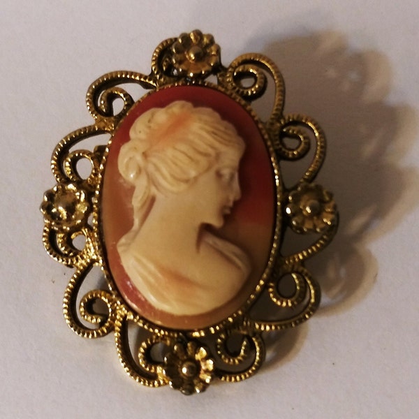 Vintage cameo pin, cameo brooch pin, carved resin cameo, gold tone cameo, gold framed cameo #711