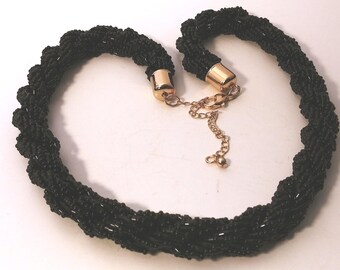 Black rope necklace, seed bead necklace, black twisted rope, black bead necklace #871