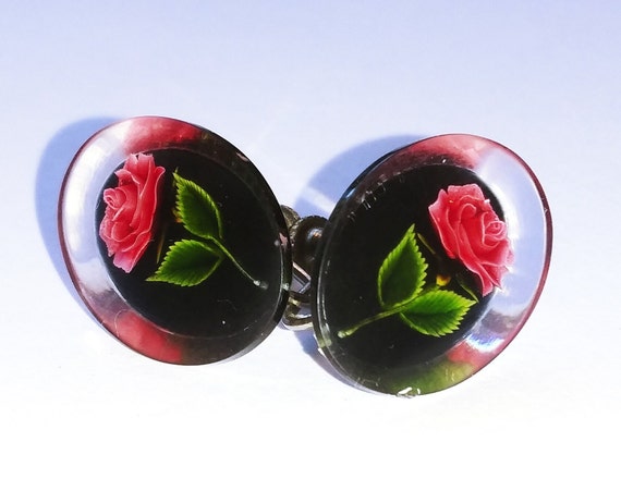 Reverse carved lucite, rose screw clips, rose cli… - image 1