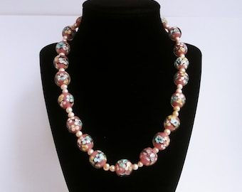 Pink glass necklace, pearl glass necklace,  flower glass beads, floral glass beads, glass bead necklace, pastel floral glass #945