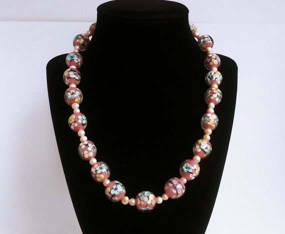 Pink glass necklace, pearl glass necklace,  flower glass beads, floral glass beads, glass bead necklace, pastel floral glass #945