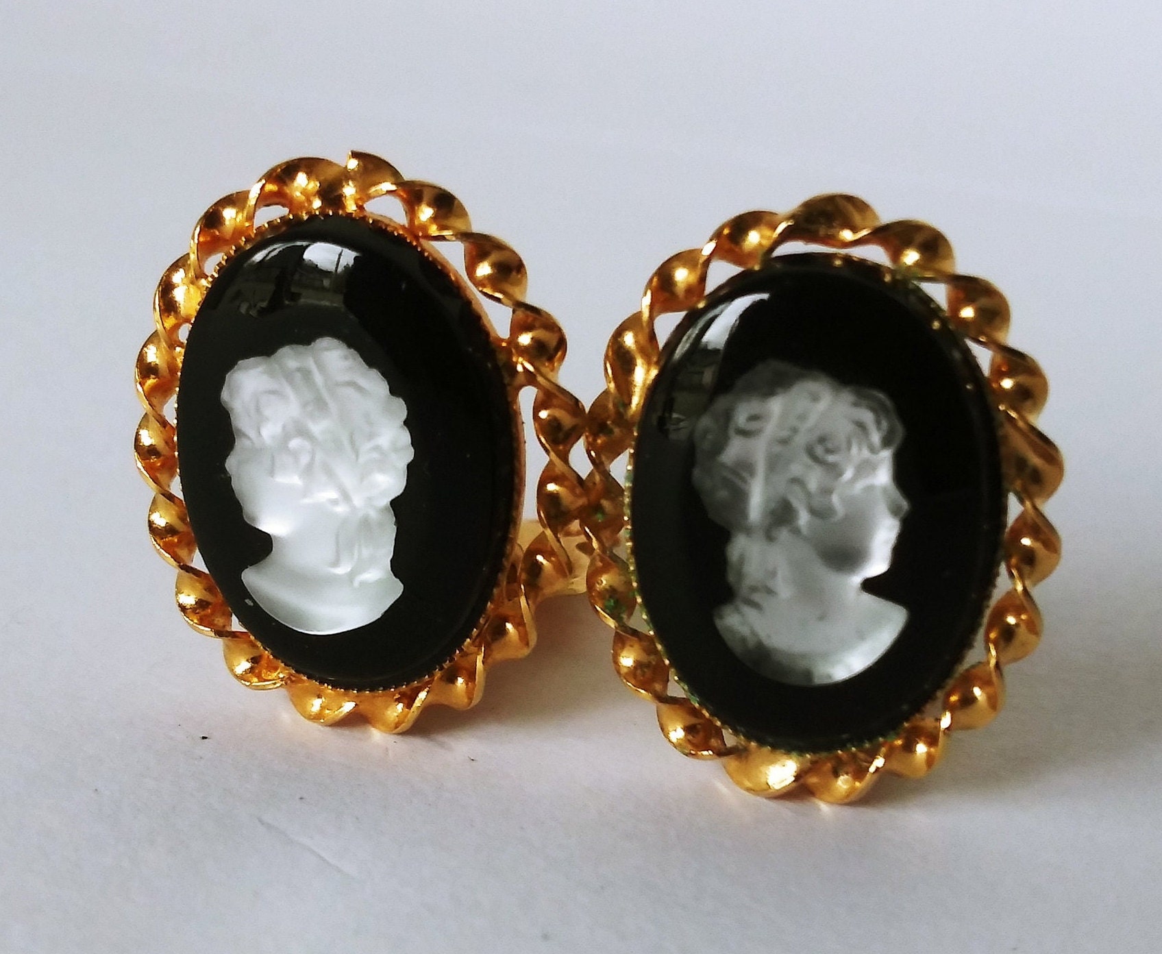 Cameo Clip Earrings Glass Cameo Earrings Black Cameo Earrings