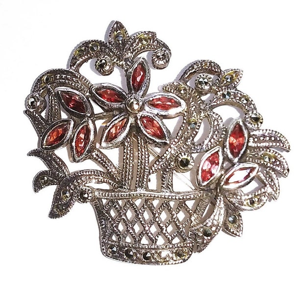 Vintage marcasite flower basket pin, silver garnet brooch, silver garnet pin, garnet flower pin, marcasite brooch #548