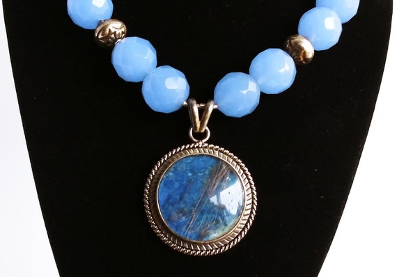 Chinese silver necklace, chalcedony necklace, blue stone necklace, earth  necklace, freedom necklace sterling #003