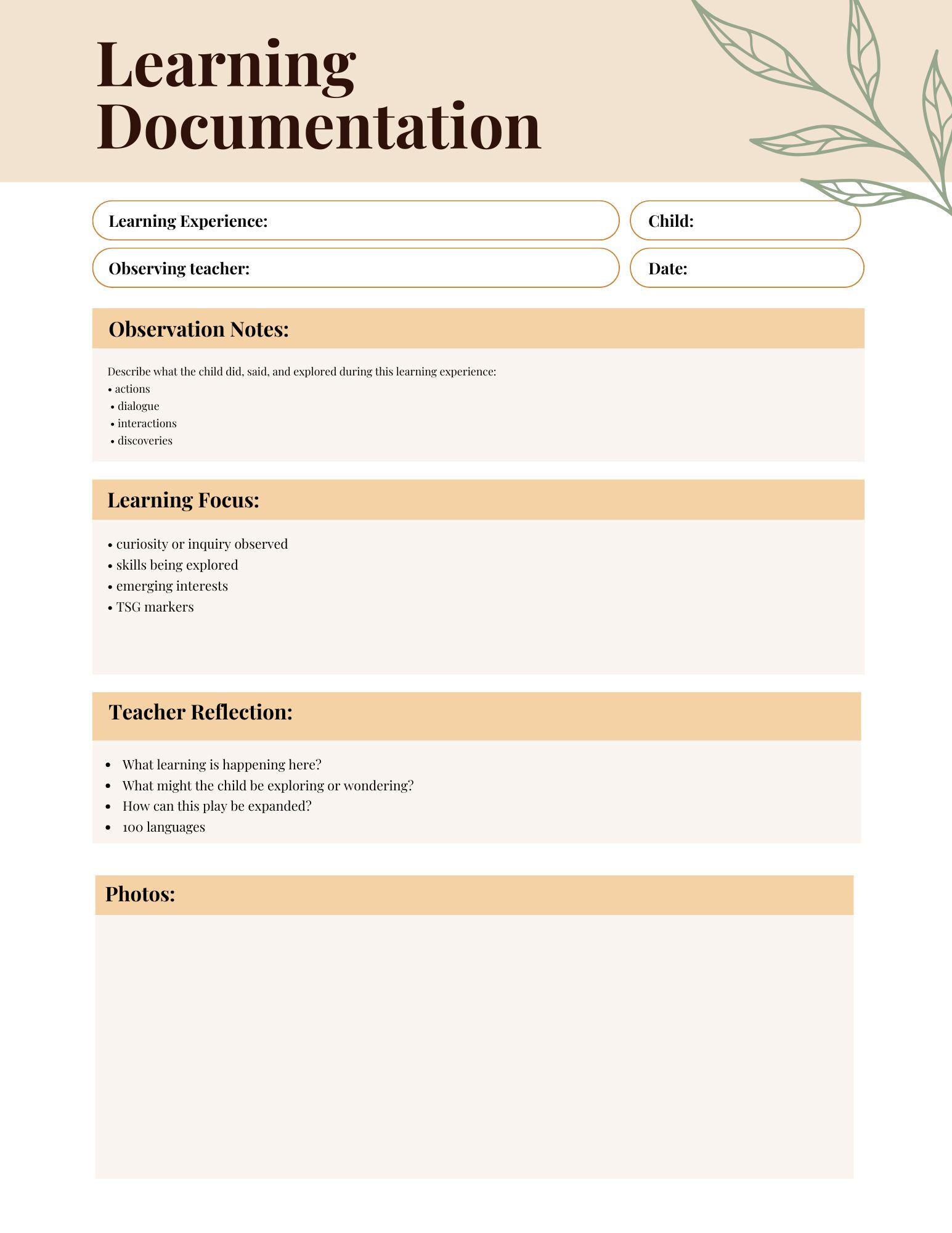 Learning Story Documentation Template | Reggio Inspired Observation ...