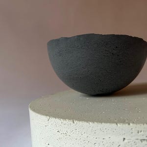 Puede incluir: Un cuenco de hormigón gris oscuro se asienta sobre un pedestal de hormigón blanco. El cuenco tiene una superficie rugosa y texturizada.