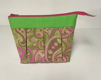 Cotton Paisley Cosmetic Bag – Pink Green Lined Zipper Pouch