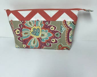 Floral Cosmetic Bag – Coral Chevron Toiletry Zipper Pouch