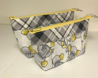 Set of 2! Small and Medium.  “Elephant Enchantment” Pleated/Zippered/Cosmetic/Toiletry/Storage Bags