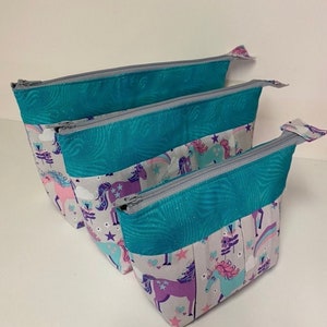 FREE SHIPPING! Set of Three.. &quot;Magical Unicorns&quot;, Multi-Purpose, Pleated Cosmetics/Toiletry, Zippered Bags.