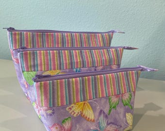 Set of Three.. Small, Medium and Large, “Fluttering Butterflies”, Cosmetics/Toiletry/Multi-Purpose/  Zippered Bags