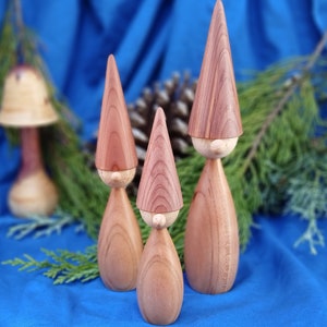 Christmas elf ornaments, set of three, nordic design. Handmade wood tomte nisse. Santa&#39;s helper centerpiece display for shelf or table.