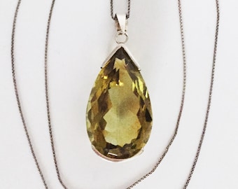 Sterling Silver Crystal Teardrop Pendant Large Olivine Faceted Glass Vintage 1980s 1990s Statement Necklace Contemporary Artisan Boho Style