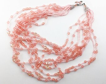 Dainty Pink Bead Torsade Multi Strands Vintage Faceted Beads Aurora Borealis Seed Beads Modern Bib Style Beaded Necklace Valentine's Day
