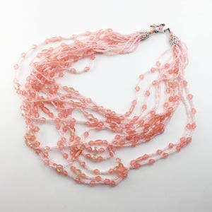 Dainty Pink Bead Torsade Multi Strands Vintage Faceted Beads Aurora Borealis Seed Beads Modern Bib Style Beaded Necklace Valentine&#39;s Day