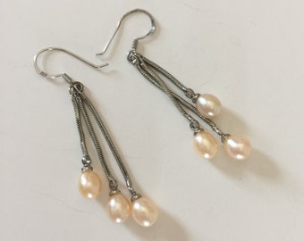 Sterling Silver Dangle Drop Pierced Earrings Three Strand Dangles Vintage Pastel Pink Bead Drops Wedding Bridal Signed 925 Ear Wires