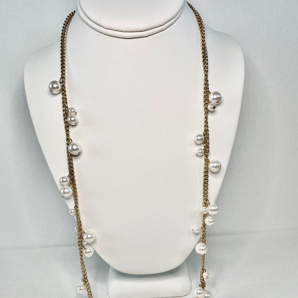 Banana Republic Station Necklace White Pearl Beads Gold Tone Chain Modern Vintage 1990s Style Designer Signed BR Assorted Bead Dangles