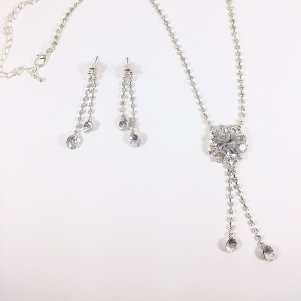 Clear Rhinestone Necklace Pierced Earrings Dangle Drop Studs Medallion Style Bib Pendant for Semi Formal Prom Bridal Wedding Jewelry