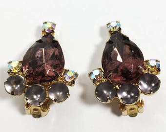 Purple Tear Drop Rhinestone Earrings Designer Signed Garne Vintage 1950s 1960s Clip Ons Gold Tone Aurora Borealis Faceted Rhinestones