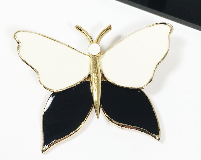Vintage Black and White Enamel Butterfly Pin Gold Tone Layered Wings