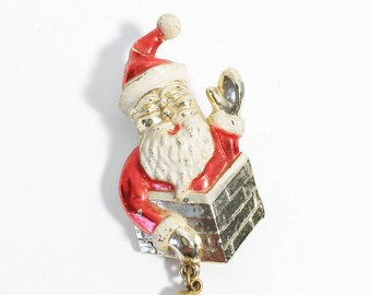 Santa Claus Waving in Chimney Pin Festive Christmas Fashion Accessory Holiday Jewelry Collectible Vintage St Nicholas Jewelry Saint Nick