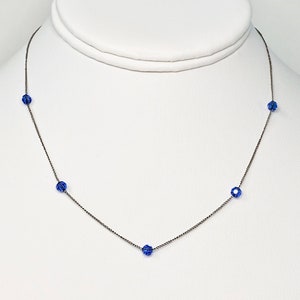 Silver Tone Blue Crystal Station Choker Lightweight Vintage 1990s Fine Chain Necklace Faceted Blue Crystals