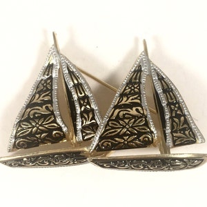 Damascene Sailboats Brooch Vintage Gold Tone Black Faux Damascene Pin Nautical Sailing Theme Birthday Gift for Her Mothers Day