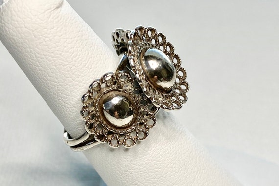Sterling Silver Statement Ring Three Flowers Oval… - image 2