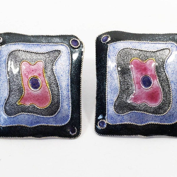 Square Pierced Earrings Retro Pop Art Studs Modern Sterling Silver Enamel Glass Posts Black Gray Blue Pink Gita Maria Artisan Artist Gift