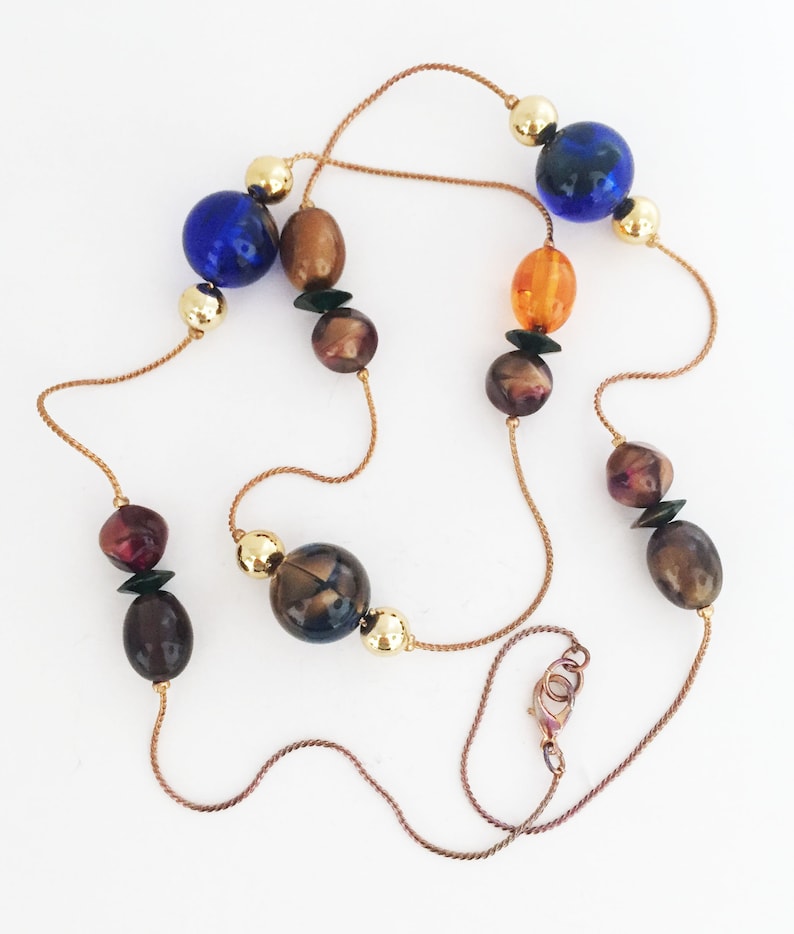 Multi Bead Necklace Flat Round Oval Modern Shiny Gold Tone Orange Brown Red Blue Copper Tone Art Glass Beads Vintage 1990s Serpentine Chain