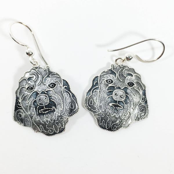 Gray Shih Tzu Ear Wires Vintage 1980s 1990s Glass Enamel Sterling Silver Dog Pierced Earrings Painted Animal Artisan Gita Maria