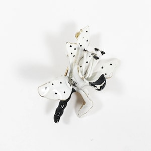 HAR Enamel Orchid Pin, Designer Signed Floral Brooch Vintage 1950s 1960s Gold Tone White Black Flower Jewelr