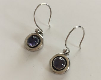 Sterling Silver Purple Glass Pierced Earrings Modern Vintage 1990s Style Ear Wires Lavender Amethyst Color Dome Dangle Drop Signed 925