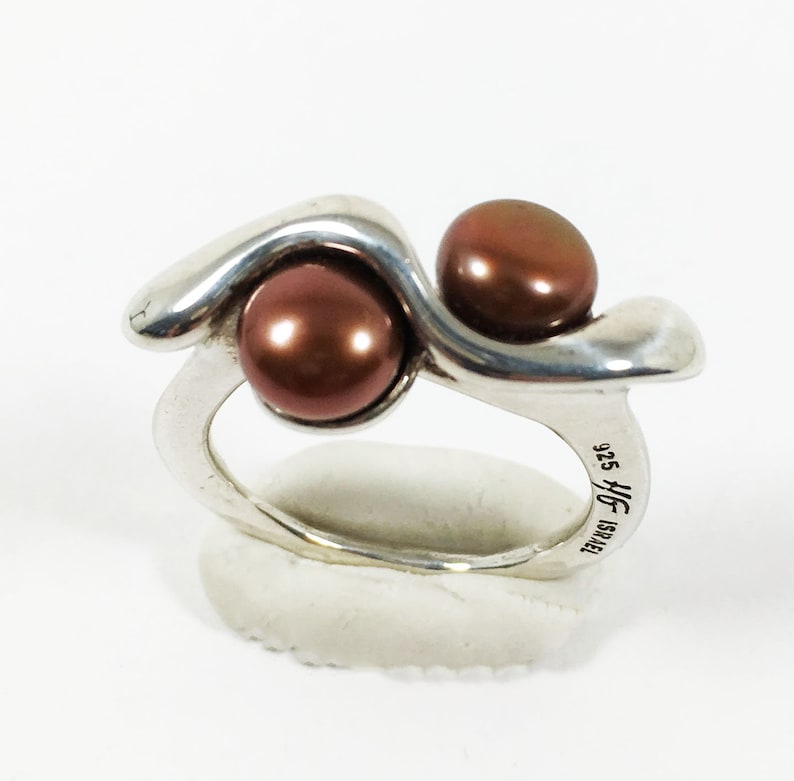 Sterling Silver Double Pearl Ring Signed 925 HG Israel Brown Cultured Pearls Vintage 1990s Size 5 34 Modernist Israeli Silver Abstract