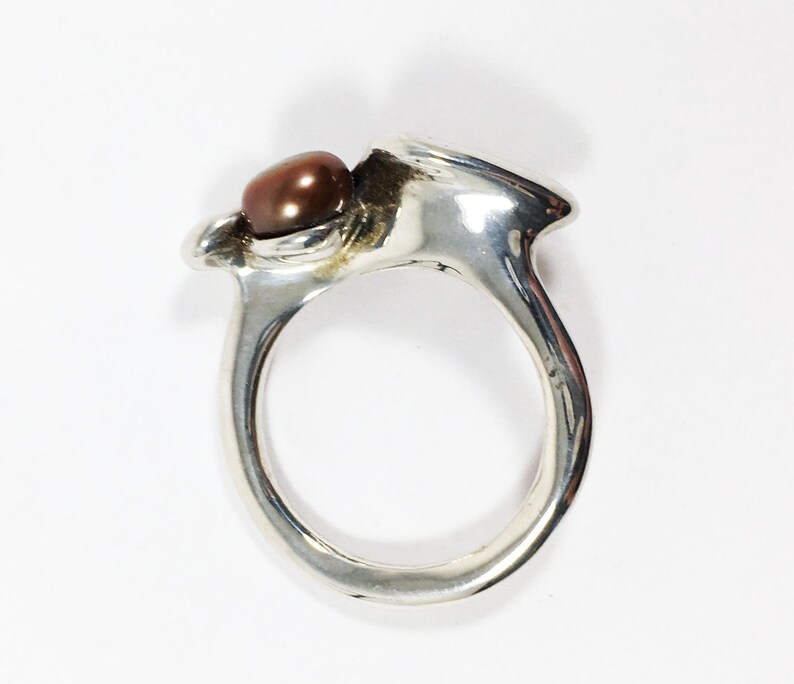 Sterling Silver Double Pearl Ring Signed 925 HG Israel Brown Cultured Pearls Vintage 1990s Size 5 34 Modernist Israeli Silver Abstract