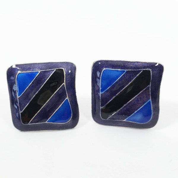 Square Pierced Earrings Silver & Enamel Glass Pop Art Studs Purple Blue Black Stripes Modern Jewelry Wearable Art Vintage 1980s 1990s