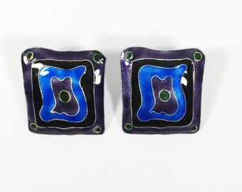 Square Pierced Earrings Retro Pop Art Studs Modern Silver Enamel Glass Purple Black Blue Artisan Modern Vintage 1980s 1990s Posts