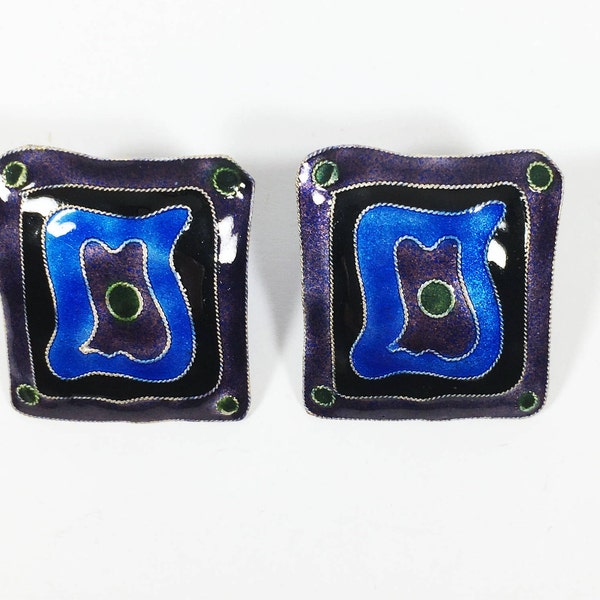 Square Pierced Earrings Retro Pop Art Studs Modern Silver Enamel Glass Purple Black Blue Artisan Modern Vintage 1980s 1990s Posts